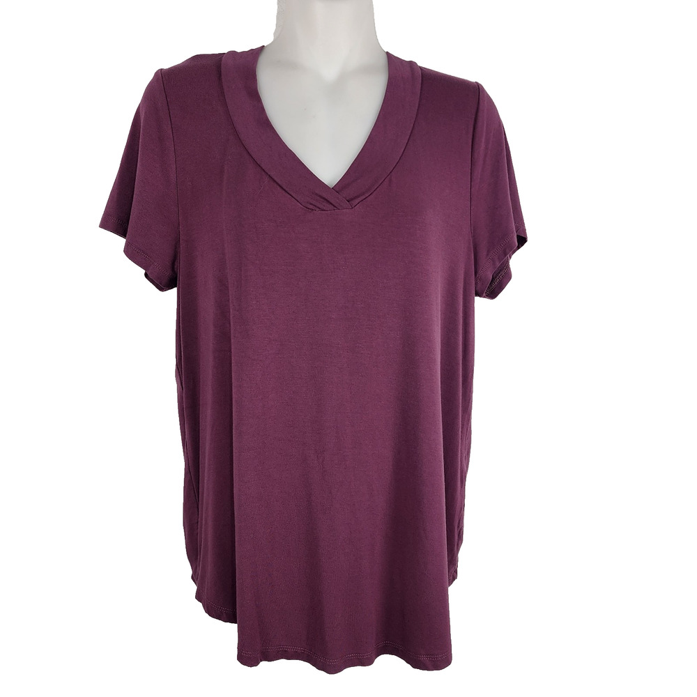 Market & Spruce Women Short Sleeve Solid Erin Overlap V Neck Tee Medium Burgundy